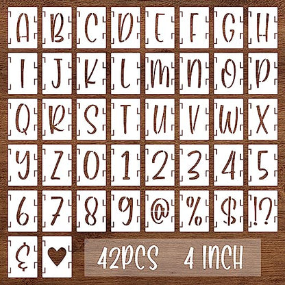 BAMIDELE 4 Inch Alphabet Letter Stencils, 42 Pcs Reusable Plastic Letters Numbers Symbol Interlocking Drawing Template Kit for Painting on Wood, Fabric, Rock, Chalkboard, Door Porch, Wall, Signage - size: 4 Inch