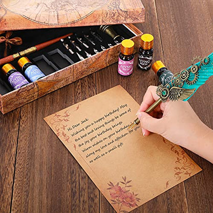 Feather Calligraphy Pen Ink Set, Mechanical Feather Pen and Wooden Dip Pen, 5 Colors of Ink, 12 Replacement Nibs, Pen Holder, Envelope and Letter Paper (Green)