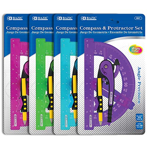 BAZIC PRODUCTS Scale-Arm Compass with #2 Pencil & 6 in Protractor, 4-Set | #2 wood pencil and a 6 in protractor that draws clean circles and arcs for geometry, math - size: 1 Count (Pack of 4)