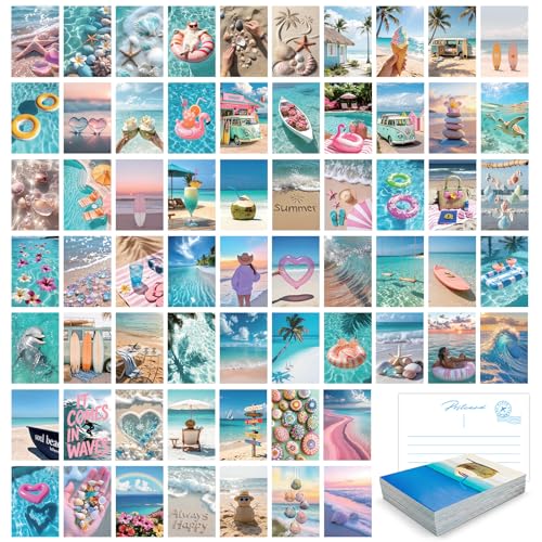 64Pcs Coastal Room Decor, Summer Beach Blue Postcards for Mailing, Beachy Posters Wall Decor for Teen Girls Dorm Bedroom, Beach Photo Collage Kit Blue Ocean Decor, 4x6 - color: Summer Beach