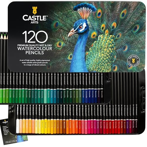Castle Art Supplies 120 Watercolor Pencils for Adults - Professional Grade | Vibrant pigments for blending, drawing, and painting - professional-grade quality - beautifully presented in a tin case