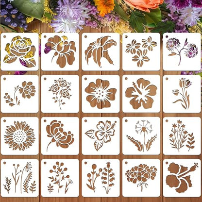 JULMELON 20 Pcs Flower Stencils for Painting on Wood Reusable Sunflower | PET Plastic, Flower Stencils for Crafts Reusable, Wall Floor Rock Art Painting, Large Flower Stencils, 3 Inch DIY Projects - style: Flower Stencils