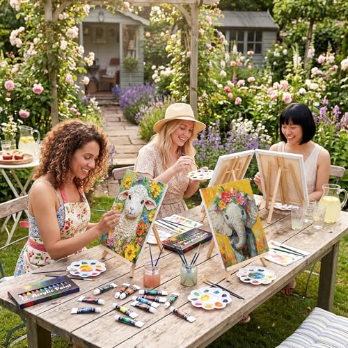 Ctosree 72 Pcs Flower Animal Paint and Sip Kit for Adults 8'' x 10'' Pre Drawn Canvas for Painting DIY Pre Printed Canvas for Party Favor Acrylic Painting Kit Wood Easel Brushes Date Night Bulk - style: Flower Animal