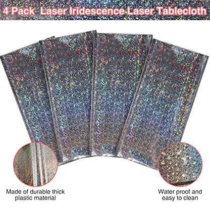 4 Pack Iridescent Plastic Tablecloths Shiny Disposable Laser Rectangle Table Covers Holographic Foil Tablecloth Iridescent Party Decoration Birthday Bridal Wedding Christmas 54"x108"(Silver) - color: Silver