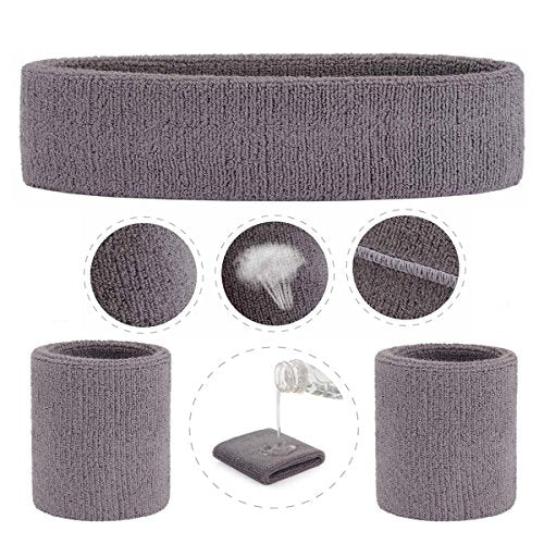 ONUPGO Sweatband Set Sports Headband Wristband Set Sweatbands Terry Cloth Wristband Wrist Sweatband Headbands Moisture Wicking Sweat Absorbing Head Band - color: Grey