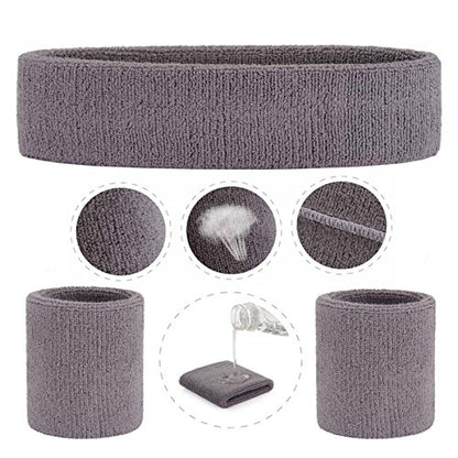 ONUPGO Sweatband Set Sports Headband Wristband Set Sweatbands Terry Cloth Wristband Wrist Sweatband Headbands Moisture Wicking Sweat Absorbing Head Band - color: Grey