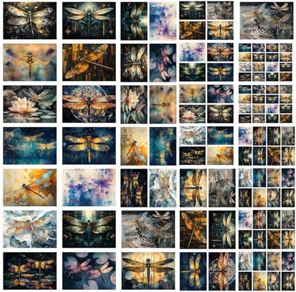Decoupage Paper Pack (35 Sheets 6"x8") Dragonfly Jewel Garden ~ Stylized Dragonflies with Iridescent Wings in Jewel-Toned Fantasy Gardens, Illustrated in Stained Glass and Soft-Focus Surreal Style - color: Three