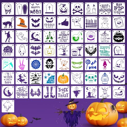 Halloween Stencils for Painting, 64 Pcs 3 Inch for Cards Gift Tags | Reusable & Easy to Clean, Spooky Seasonal Icons, Party Favor Bags, Classroom Projects, Scrapbooks, Beginner Friendly - color: Halloween