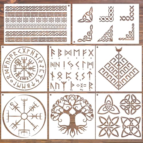 Keluna Viking Stencils for Painting - 8 Pcs Reusable Celtic Border Crafts Templates Tree of Life Stencils for Painting on Wood Wall Art Craft Canvas Fabric Rock - style: runes