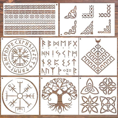 Keluna Viking Stencils for Painting - 8 Pcs Reusable Celtic Border Crafts Templates Tree of Life Stencils for Painting on Wood Wall Art Craft Canvas Fabric Rock - style: runes