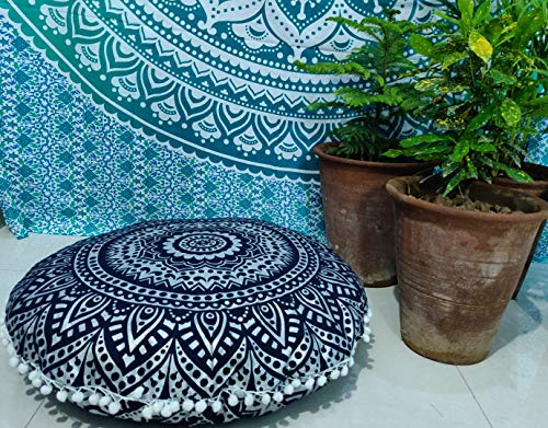 INDIAN CRAFT CASTLE 24" Blue Silver Mandala Barmeri Large Floor Pillow Cover Cushion Meditation Seating Ottoman Throw Cover Hippie Decorative Zipped Bohemian Pouf Ottoman Pom Pom Cases 24" Round - color: Blue Silver, style: 24 Inch Round