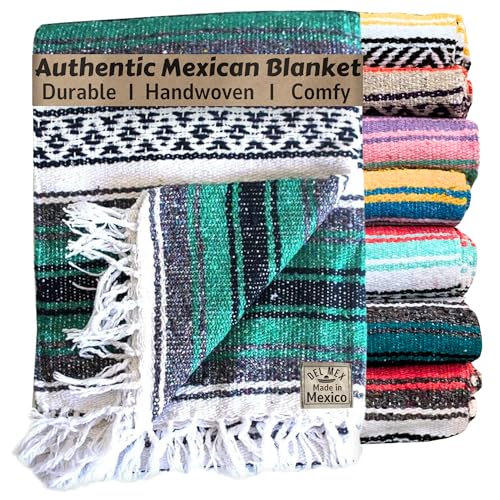 Del Mex Classic Mexican Blanket, Large Authentic Woven Falsa Throw (70"x50"), Artisan Southwest Décor for Beach, Yoga, Outdoors (Teal) - color: Teal