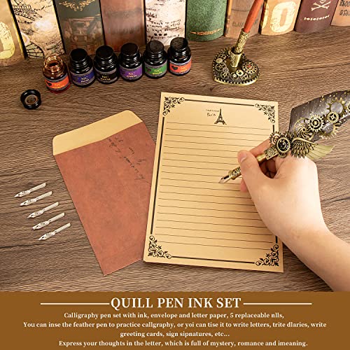 NC Quill Pen & Ink Set, Feather Calligraphy Pen, Wax Seal Stamp, Valentine's Day & Birthday Gift, Various Holiday Ideal Gift (Grey) - color: Grey