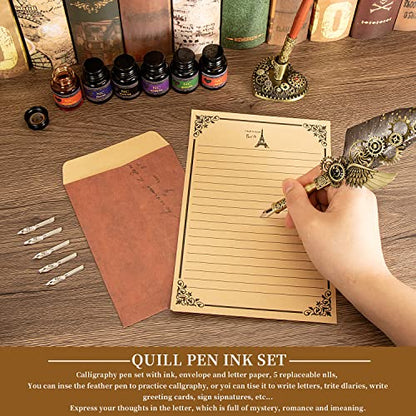 NC Quill Pen & Ink Set, Feather Calligraphy Pen, Wax Seal Stamp, Valentine's Day & Birthday Gift, Various Holiday Ideal Gift (Grey) - color: Grey