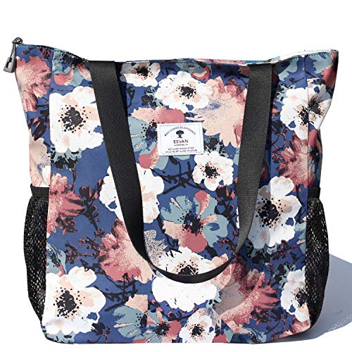 ESVAN Original Floral Water Resistant Large Tote Bag Shoulder Bag for Gym Beach Travel Daily Bags Upgraded - color: [C] Floral Leaf