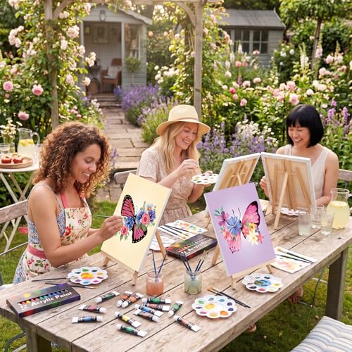 Ctosree 72 Pcs Butterfly Paint and Sip Kit for Adults 8'' x 10'' Pre Drawn Canvas for Painting DIY Pre Printed Canvas for Party Favor Acrylic Painting Kit Wood Easel Brushes Date Night Bulk - style: Butterfly