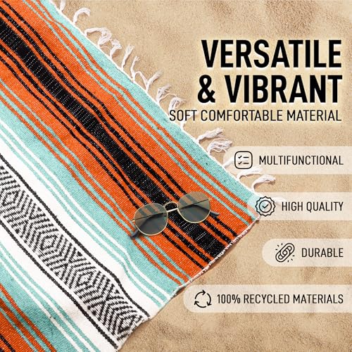Hydration Nation Authentic Extra Large Mexican Blanket (70"x50") - Handwoven Yoga, Serape- Artisanal Falsa, Beach, Camping, Picnic, Outdoor (Mint-Orange) - color: Mint Orange