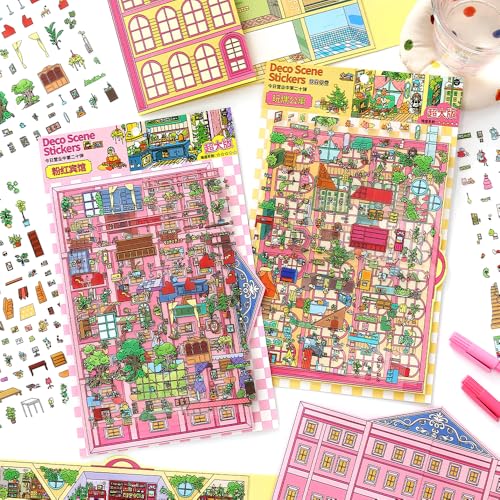2PCS Foldable 3D Sticker Scene Book for Adults & Teens, DIY Isometric House Scenes, Large Build-Your-Own Room Sticker Set, Relaxing Sticker Therapy Art Kit - style: Budapest Hotel