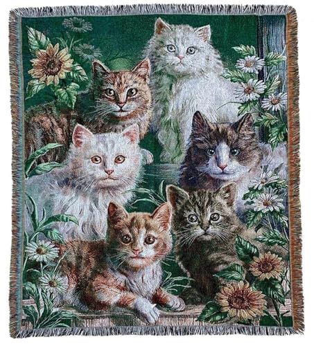 Garden Cat Flower Woven Tapestry Throw Blanket 50"x60" | Botanical Kitten wall hanging art, jacquard soft travel mat, fringe tassels, multipurpose indoor outdoor use - color: Cat