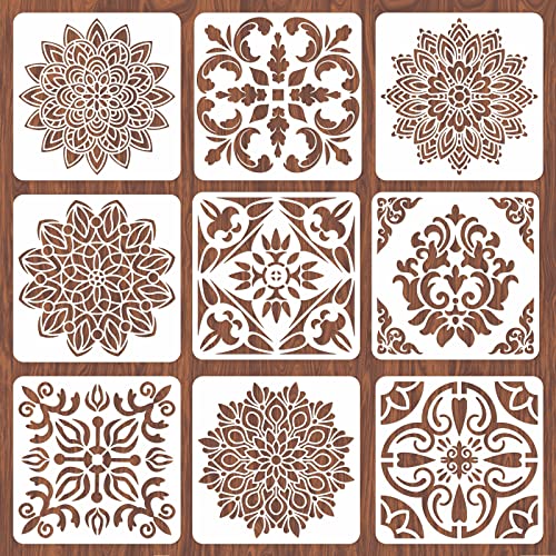 INFUNLY 9PCS/Set Mandala Flowers Wall Stencils for Painting 12x12 Mexican Tile Stencil Art Flower Concrete Floor Stencils Reusable Drawing Template for Painting Wood Canvas Furniture Patio Home Decor