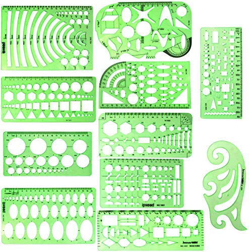 11 Piece Geometric Drawing Template Measuring Ruler, Transparent Green Plastic Ruler with Portable Plastic Bag for, for Studying, Designing and Building
