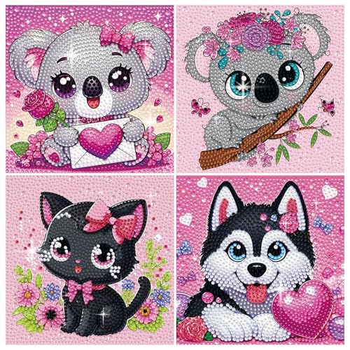 PERFECTSIGHT Cute 5D Diamond Art Kits, Kawaii DIY Painting Art for Adults Teen, 4 Pack Diamond Arts and Crafts Sets, Big Gem Full Drill Diamond Dots for Women (Pink Animal) - style: Pink Animal