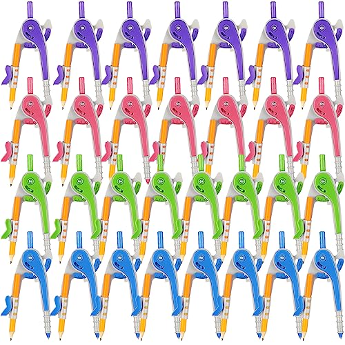 Zonon 30 Pcs Math Geometry Compasses Classroom Set, Bulk Bright Colored Plastic Drawing Compass with Pencils and Safe Tip, Back to School Teacher Supplies for Kids Basic Drafting