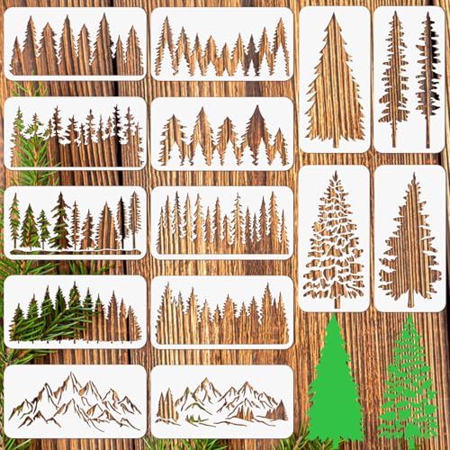 ORIGACH 14 Pcs Large Pine Tree Stencils for Painting, 11.8x6inch | Reusable Tree Painting Stencils for Fabric Canvas Window Furniture Home Decor - style: Pine Tree