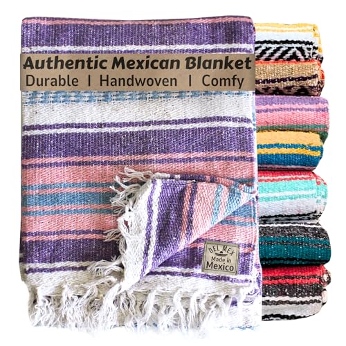 Del Mex Classic Mexican Blanket, Large Authentic Woven Falsa Throw (70"x50"), Artisan Southwest Décor for Beach, Yoga, Outdoors (Lavender/Pink) - color: Lavender/Pink