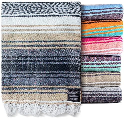 Benevolence LA Authentic Mexican Blanket – Handwoven Falsa Serape Throw – Beach, Camping, Picnic & Yoga Blanket – Lightweight Cotton Throw for Outdoor & Home – Sand, 50x70 in - color: Sand