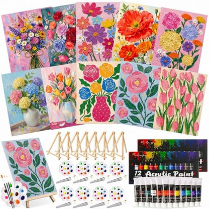 Ctosree 72 Pcs Artistic Flowers Paint and Sip Kit for Adults 8'' x 10'' Pre Drawn Canvas for Painting DIY Pre Printed Canvas for Party Favor Acrylic Painting Kit Wood Easel Brushes Date Night Bulk - style: Artistic Flowers