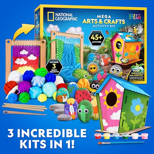 National Geographic Mega Arts and Crafts Activity Kit for Kids Ages 8-12 | Rock Painting, Weaving Loom for Kids & Birdhouse Craft, 3 Creative Projects, 25 Bonus Activities, Art Supplies, Birthday Gift - style: Mega Craft Kit