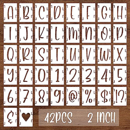 BAMIDELE 2 Inch Alphabet Letter Stencils, 42 Pcs Reusable Plastic Letters Numbers Symbol Interlocking Drawing Template Kit for Painting on Wood, Fabric, Rock, Chalkboard, Door Porch, Wall, Signage - size: 2 Inch