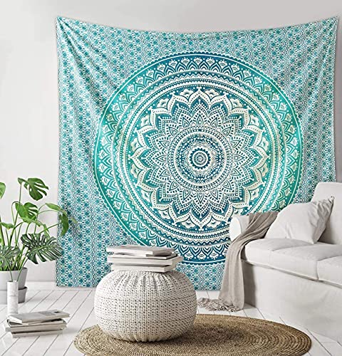raajsee Large Green Ombre Mandala Tapestry Wall Hanging,Indian Cotton Beach Throw Blanket Hippie Queen Boho Décor,Meditation Yoga Mat Rugs,82x92 Inches - color: Green Ombre, size: 92"L x 82"W