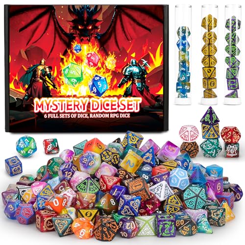 QMAY Mystery Dice Box - 42 Pcs Polyhedral Dice & 6 Pcs Dice Display Tubes - style: Mystery Dice Gift Box (6 set dice)