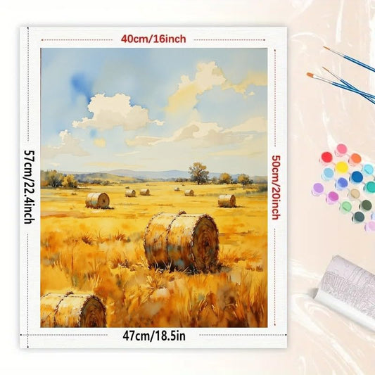 Hay Field Paint by Numbers Kit for Adults - DIY Golden Hay Bales in Meadow Painting on Canvas 16x20In, Acrylic Paint Set, Suitable for Beginners, Art for Home Decoration or Gifts - color: HSX02621, size: 16X20IN Folded