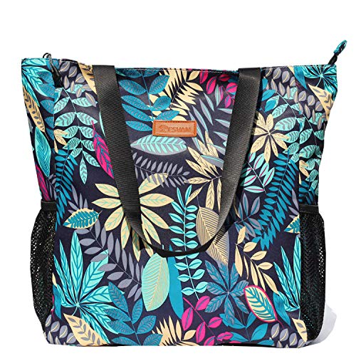 ESVAN Original Floral Water Resistant Large Tote Bag Shoulder Bag for Gym Beach Travel Daily Bags Upgraded - color: [V] Blue Leaf