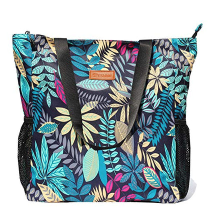 ESVAN Original Floral Water Resistant Large Tote Bag Shoulder Bag for Gym Beach Travel Daily Bags Upgraded - color: [V] Blue Leaf