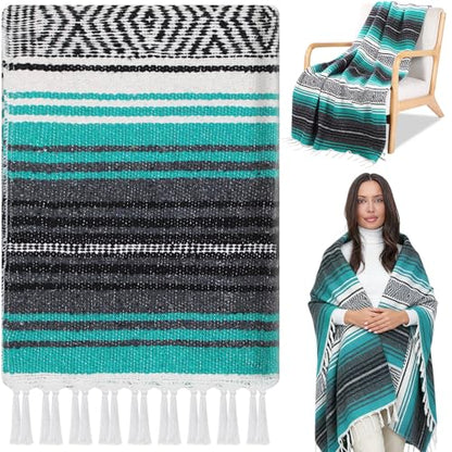 Oudain Mexican Blanket Woven Authentic Falsa Throw 45 x 70 Inch – Authentic Baja Serape Saddle Blanket Outdoor for Restorative Yoga, Beach, Picnic, Couch, Car Travel(Turquoise) - color: Turquoise