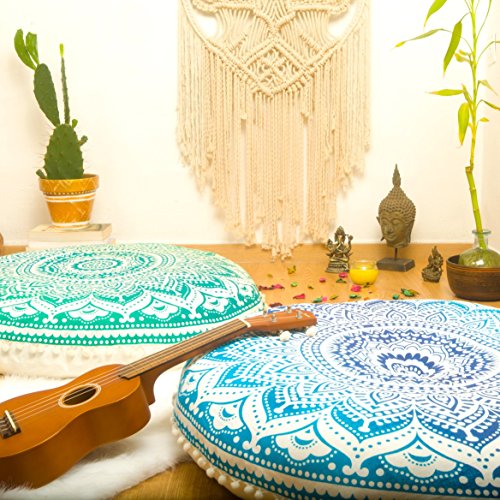 Mandala Life ART Yoga Decor Floor Cushion Cover - Round Meditation Pillow Case - Hand Printed Organic Cotton Pouf - color: Blue Lotus
