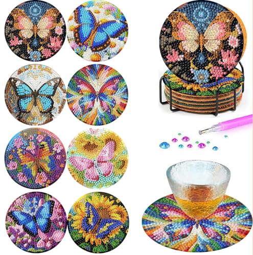 Mrnsiet 8PCS Butterfly Diamond Art Coasters Kits with Holder, DIY Butterfly Diamond Painting Coasters for Adults, Non Slip Mosaic Dot Painting Coaster with Cork Pads for Beginners 4x4 Inch - color: BDWY420-US