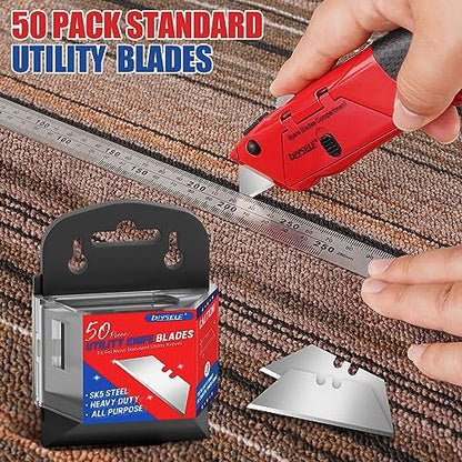DIYSELF 50 Pack Utility Knife Blades, SK5 Steel Box Cutter Blades with Dispenser, Standard Blades for Box Cutter Utility Knife Replacement, Sharper Utility Blade, Refills | Standard replacement blade refills with dispenser for box cutters and razor knives