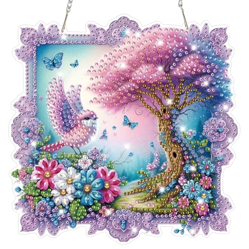 Bowetile Birds Diamond Art Hanging Kits for Adults, Diamond Art Suncatchers Forest, 5D Special Shape Diamond Painting Flowers Pendant Window Ornament Gifts for Home Wall Door Garden Decor - color: Birds, Flowers, Beautiful Scenery