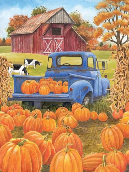 Modern Merch Truck Diamond Art Kits for Adults Fall Pumpkin Patch, Autumn Landscape Farm 5D Diamond Painting for Adults Dog and Truck, DIY Fall Wall Art Cross Stitch Gem Art, Full Round Drill 12x16in - color: Pumpkin Patch