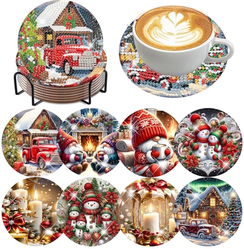 mrpwnle 8 Pcs Diamond Art Coasters Christmas Diamond Painting Coasters | Christmas Diamond Art Coasters Kit for Adults Christmas Diamond Painting Coasters with Holder DIY Diamond Dots for Gift Life - color: Christmas Coasters