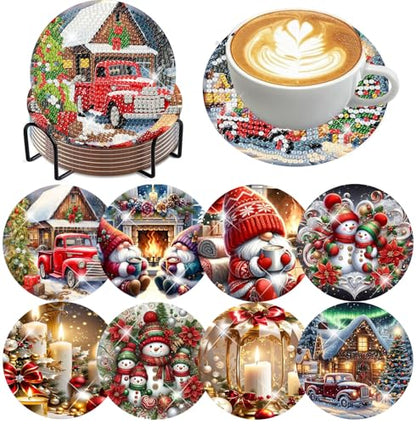 mrpwnle 8 Pcs Diamond Art Coasters Christmas Diamond Painting Coasters | Christmas Diamond Art Coasters Kit for Adults Christmas Diamond Painting Coasters with Holder DIY Diamond Dots for Gift Life - color: Christmas Coasters
