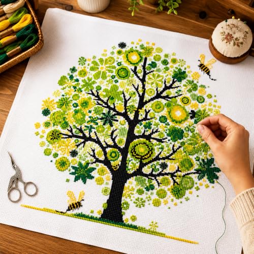 Zhenqing Green Tree of Life Stamped Cross Stitch Kit, 11CT Printed Peace Tree with Bees Pattern, 11.8 x 11.8 Inch DIY Embroidery Kit - color: Green Peace Tree