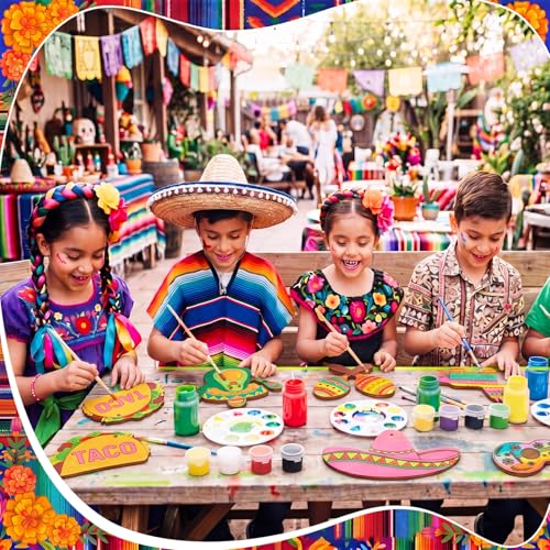 Saypacck 24 Pcs Mexican Taco Party Favors Wooden Paint Craft Kits | Mexican Taco Theme Painting Crafts, Fairy Princess Unicorn Party Supplies, Organza Bags Included for Goodie Bag Fillers - style: Mexican Taco