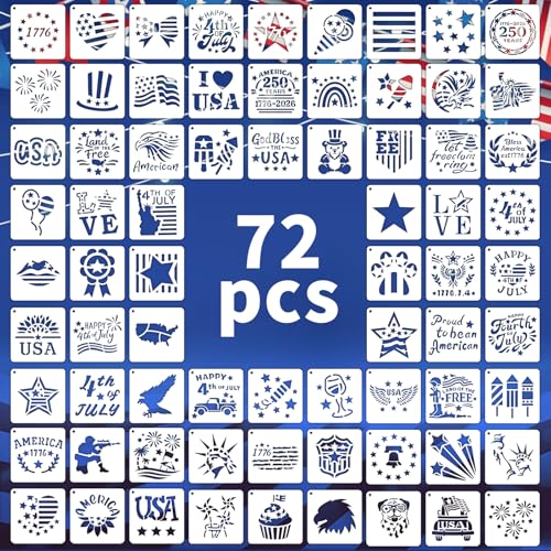 72 PCS 3x3 Inch Independence Day Stencils for Painting - Reusable USA Flag Patriotic Painting Templates, Red White and Blue Party Supplies for 4th of July Memorial Day Painting Stencil - style: 72 PCS Independence Day