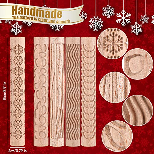 Yookeer 5 Pcs Mini Embossed Rolling Pin Set for Pottery Clay Cookies | 5.9 Inch, No Handle Design, Leaves Snowflake Pebbles Curve Tree Lines Pattern, Wood Material, Cute Kitchen Tool